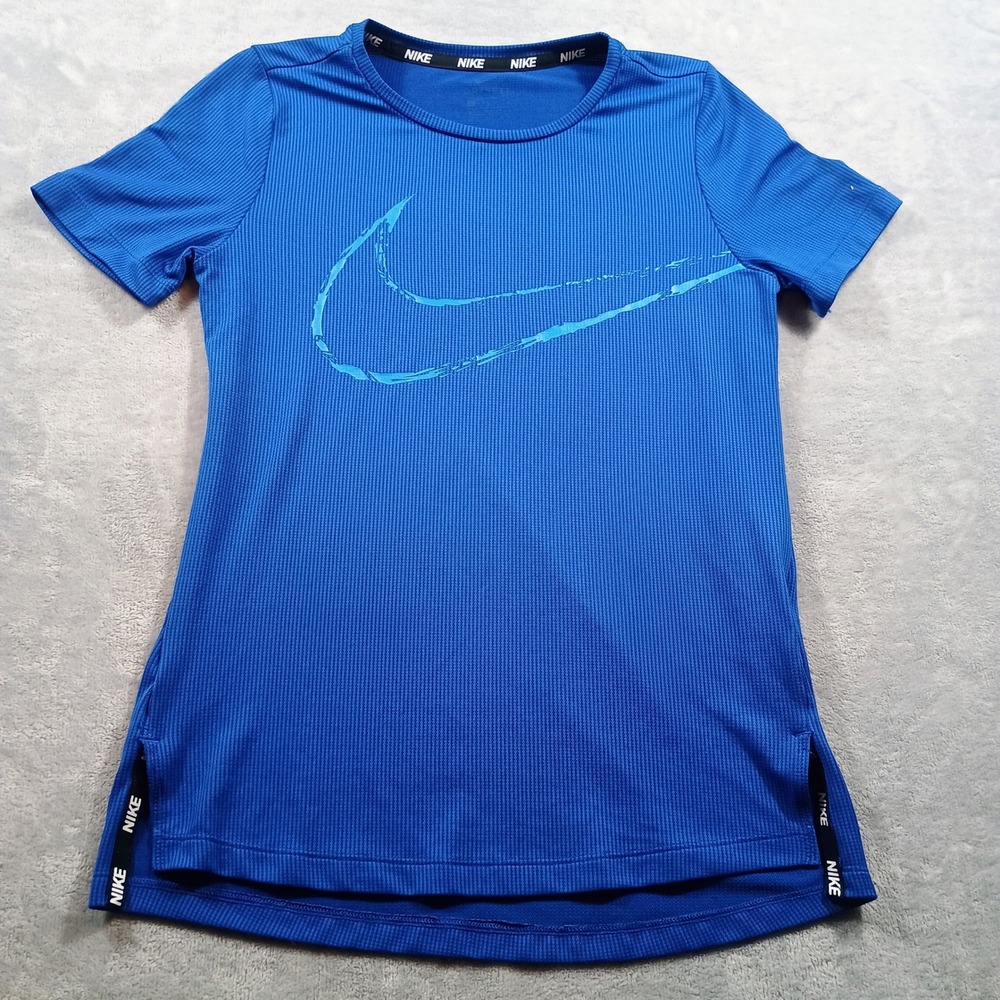 Nike Girls Dri-FIT Training Shirt Blue Large Swoosh Graphic‎